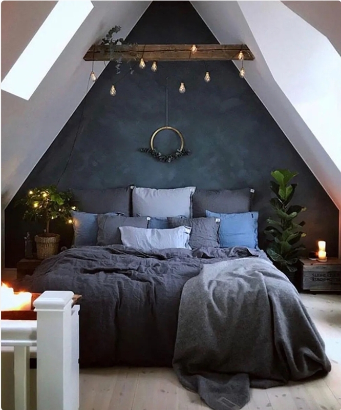 Low attic loft bedrom with accent wall design idea