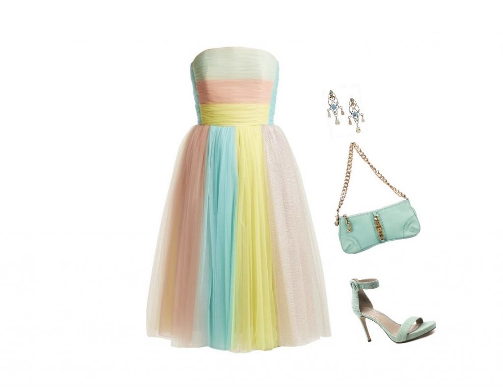 Short multi-color ball-gown cocktail dress for apple-shaped body
