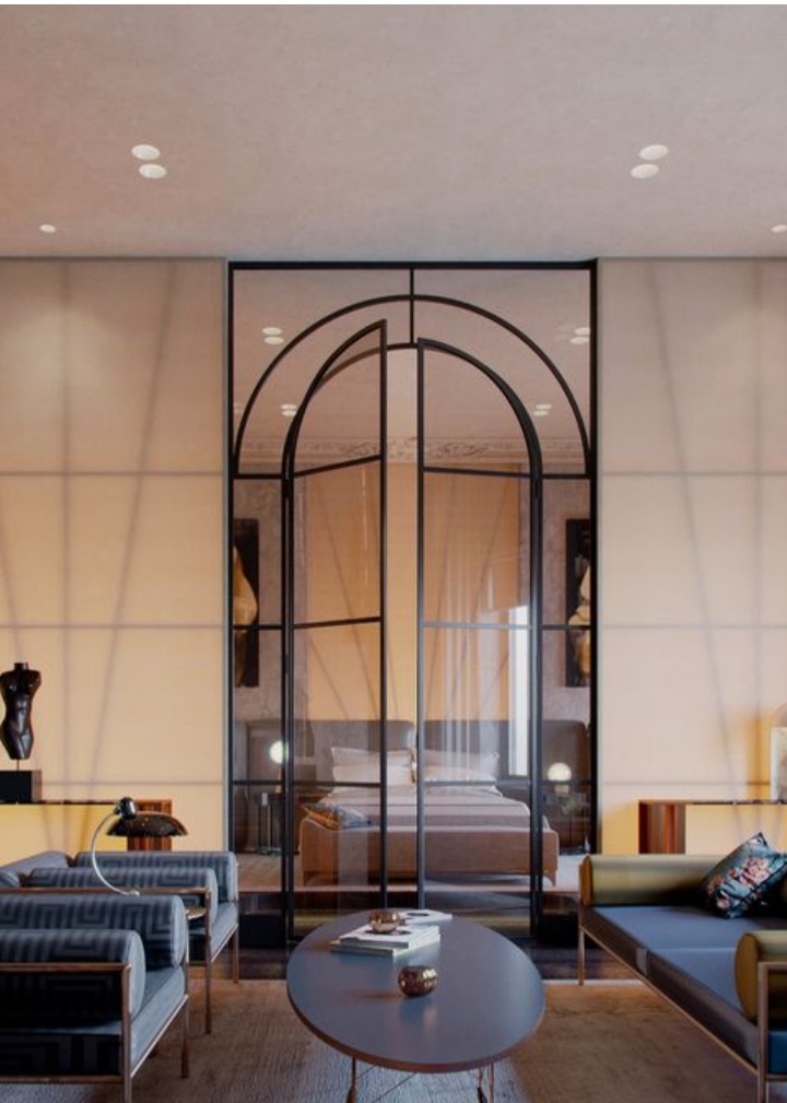 Loft lounge design with glass doors
