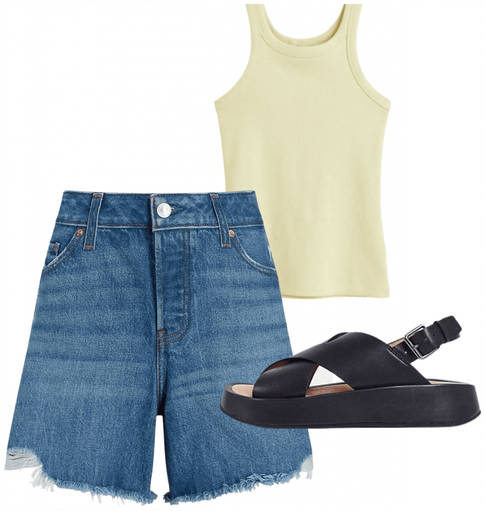 Outfit idea with long inseam denim shorts for big thighs