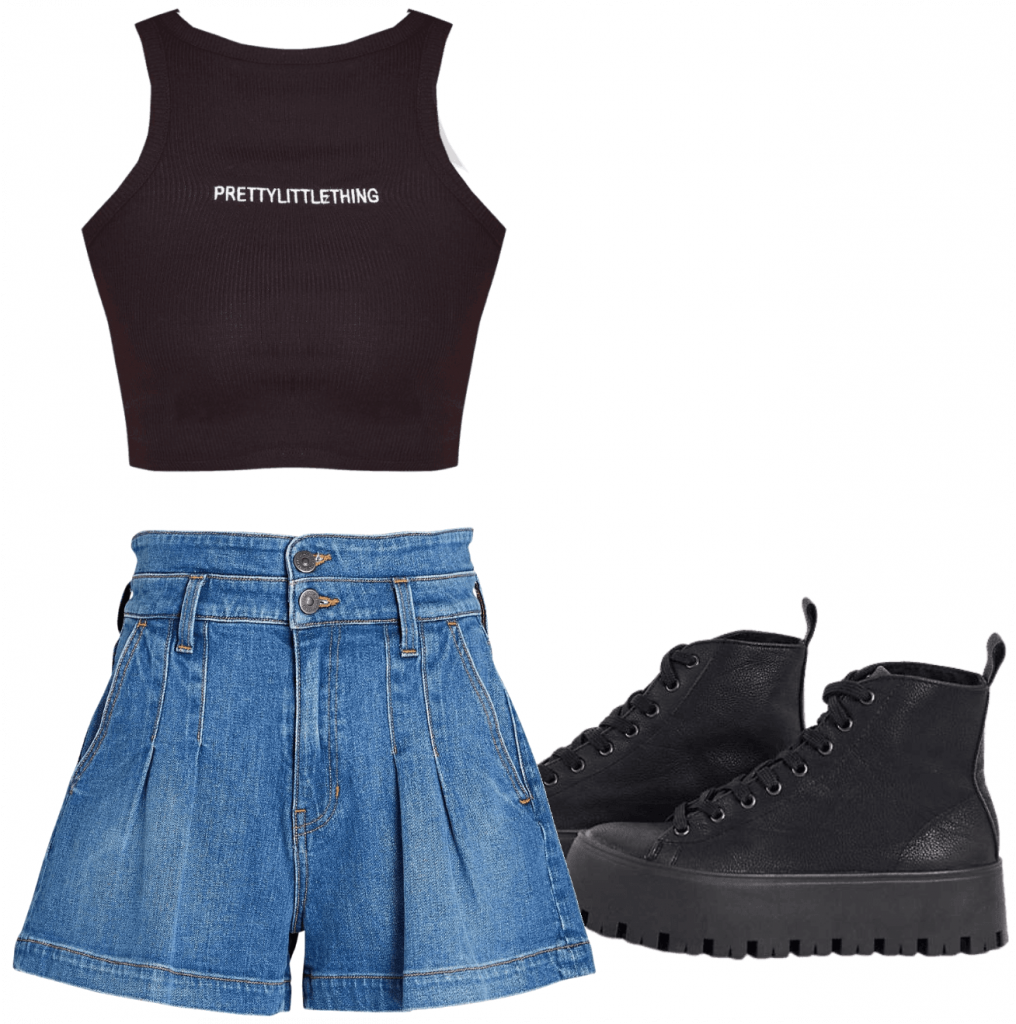 Outfit idea with pleated denim shorts for big thighs
