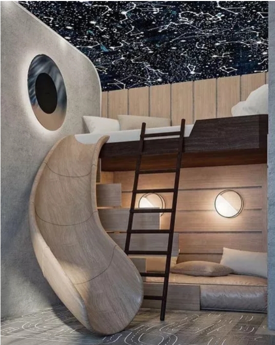 Kids room with dark ceiling loft apartment design idea