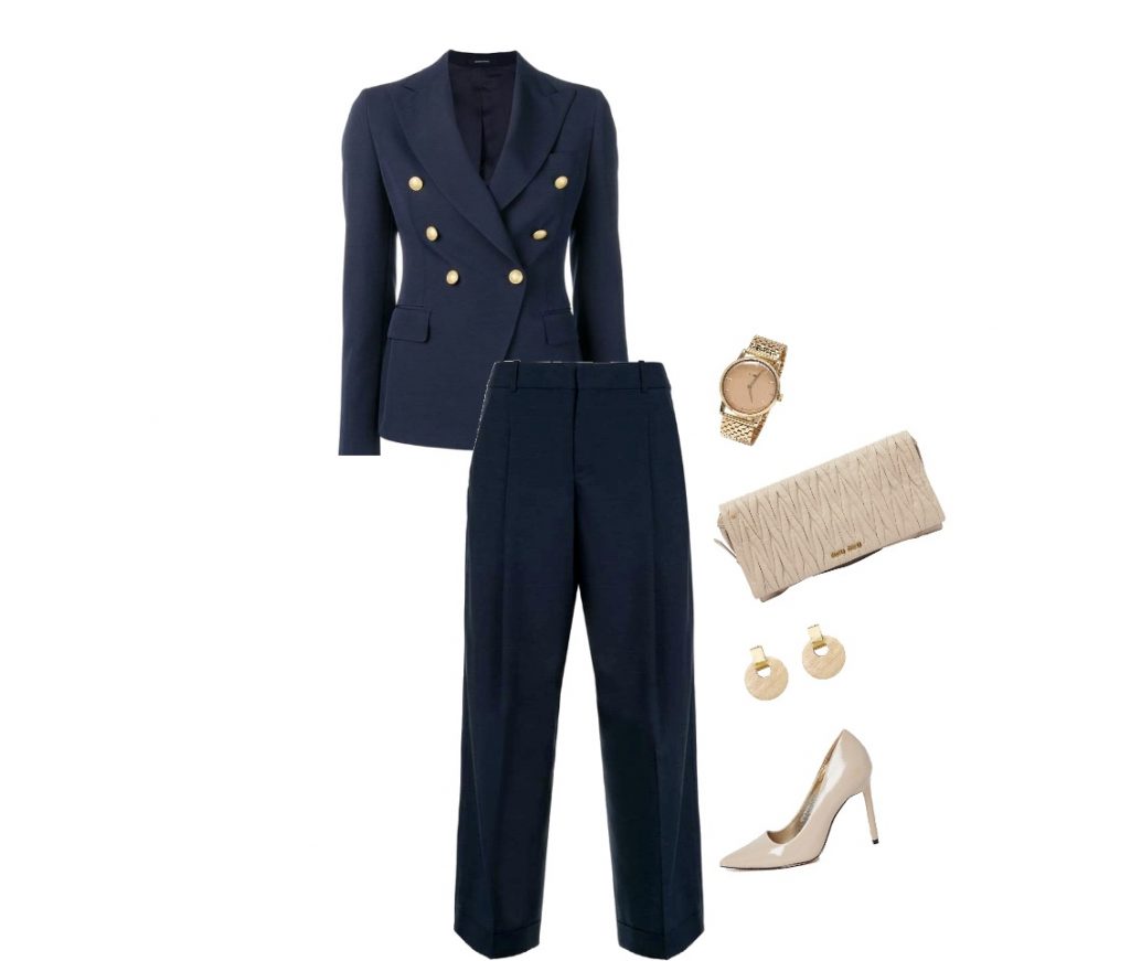 Navy-blue pantsuit outfit with accessories