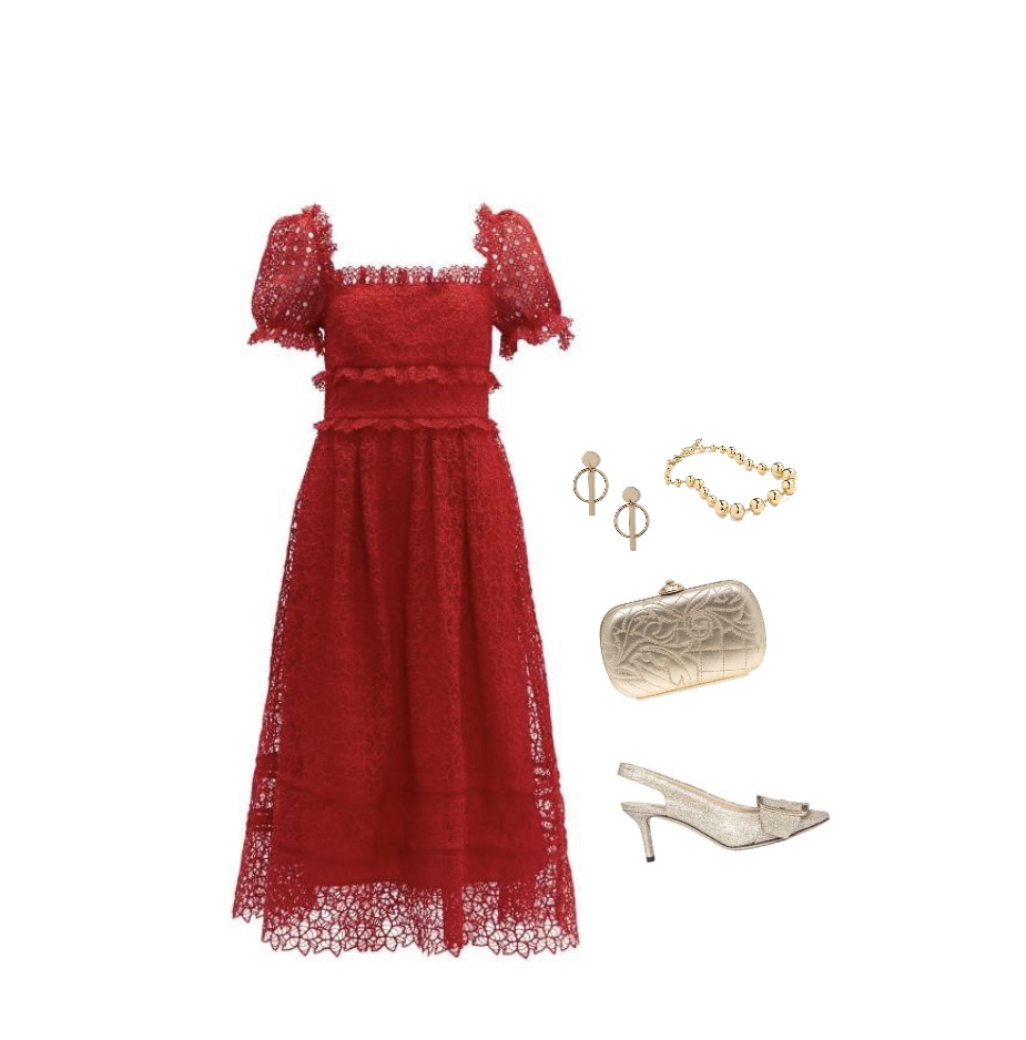 Tea-length red dress golden pumps outfit idea