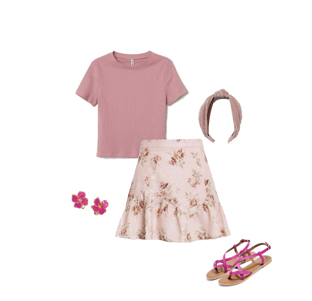 Pink T-shirt pink flower pattern A-line skirt sandals outfits for senior pictures