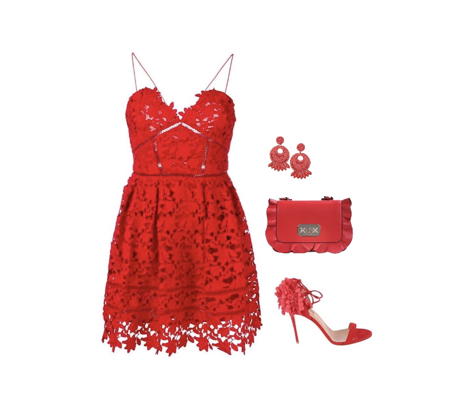 Red cocktail dress with spaghetti straps red high heel sandals outfit idea