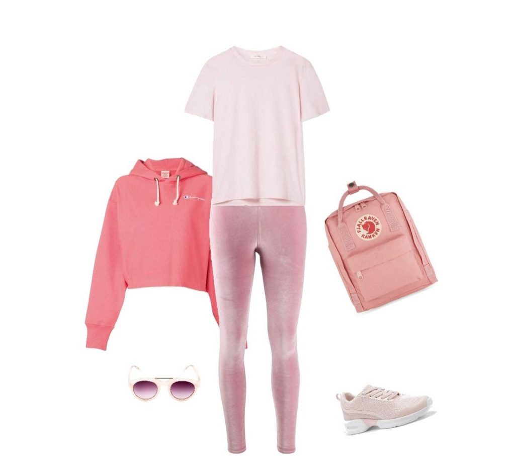 Pink top and leggings airport outfit idea