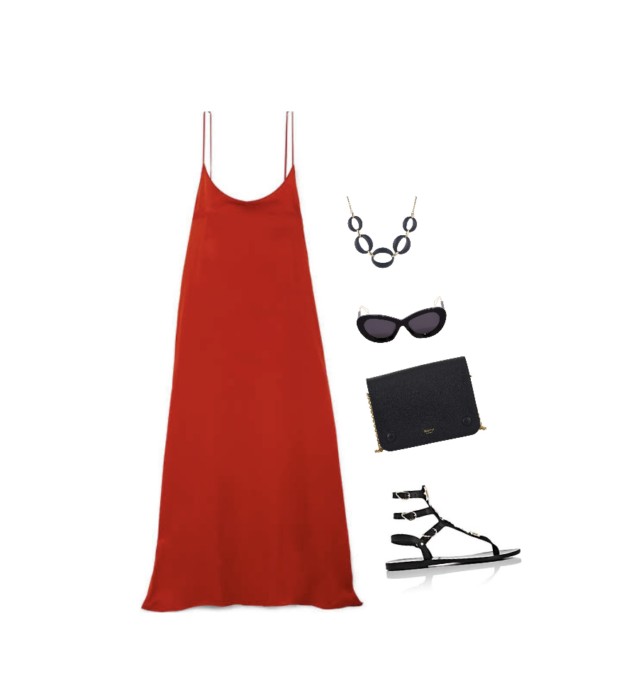 Red tent dress with black sandals outfit idea