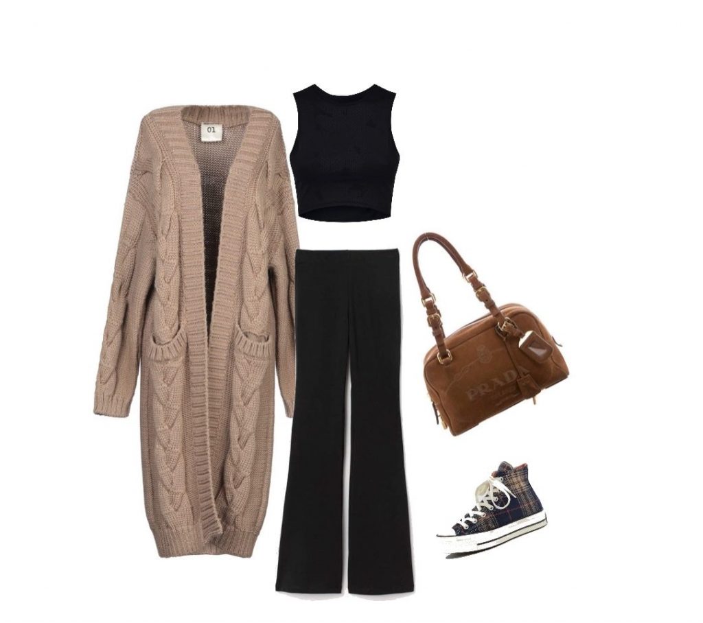 Airport outfit idea with large knitted cardigan