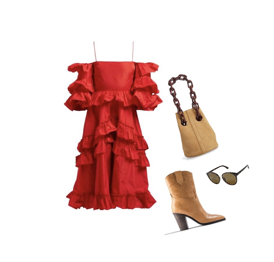 Red ruffled dress with beige high heel boots outfit idea