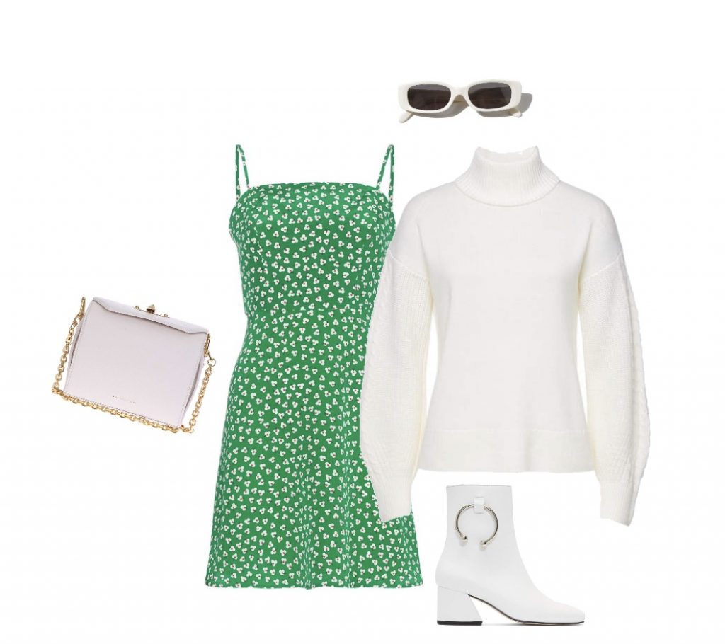 White sweater green dress outfit idea for sweater tuck