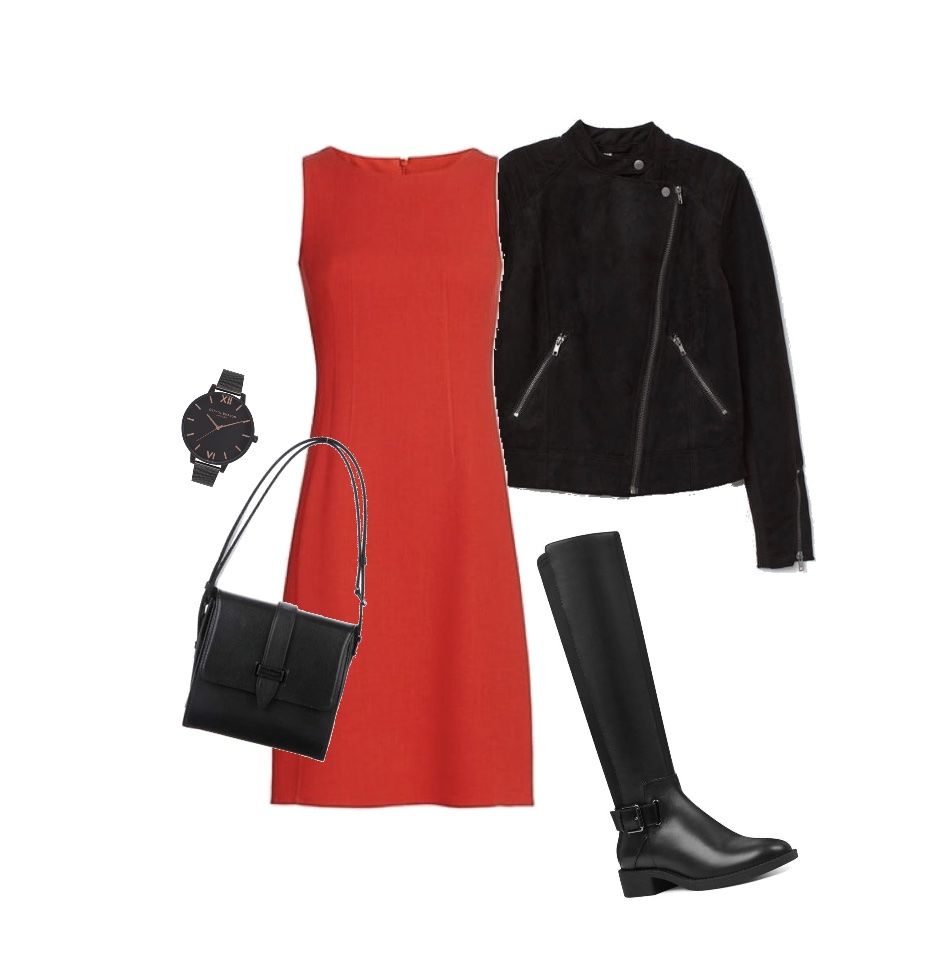 Red bodycon dress black boots black jacket outfit idea