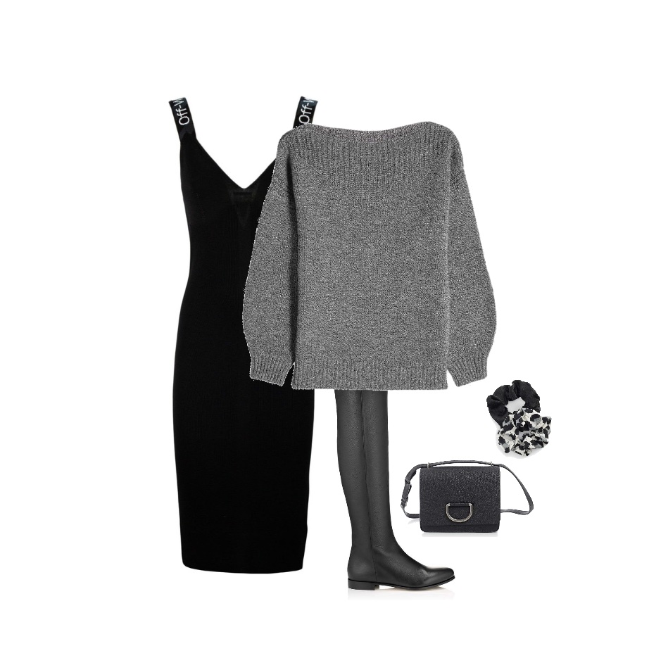 Black bodycon gray pullover boots fall outfit for senior portrait