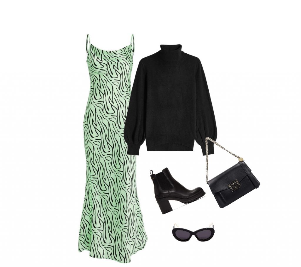 Oversized sweater and green zebra-print dress outfit idea