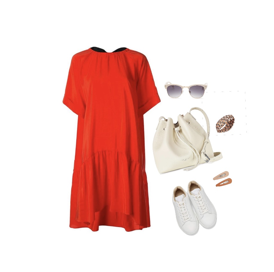 Red ruffled hem midi dress with white sneakers outfit idea