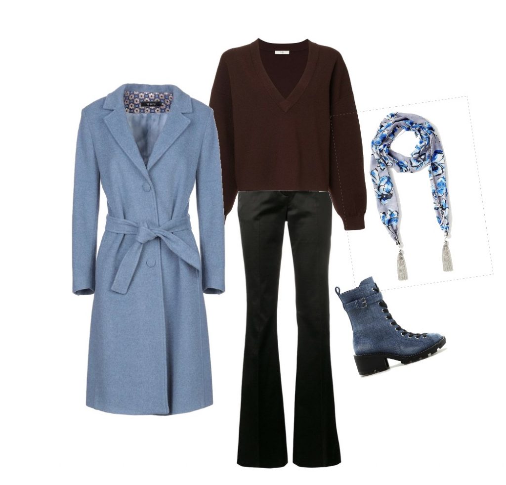 Blue coat brown pullover flared jeans boots winter outfit for senior pictures
