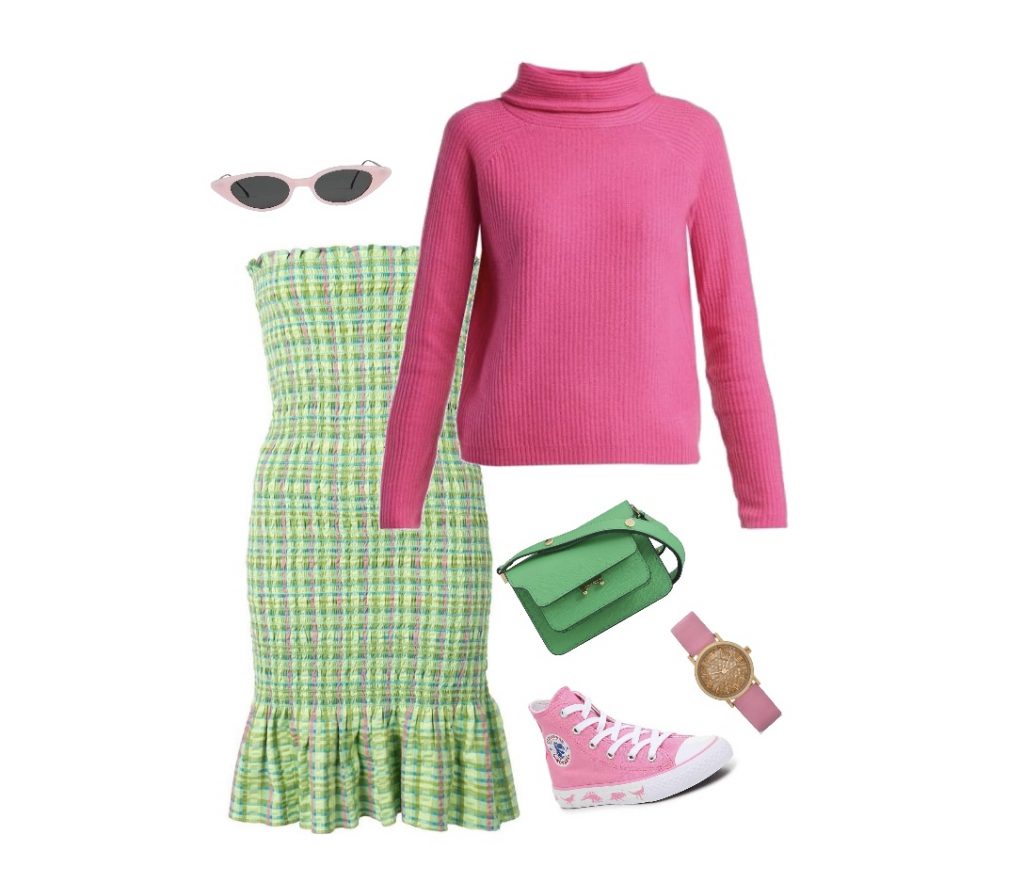 Pink pullover over a green tight dress outfit idea