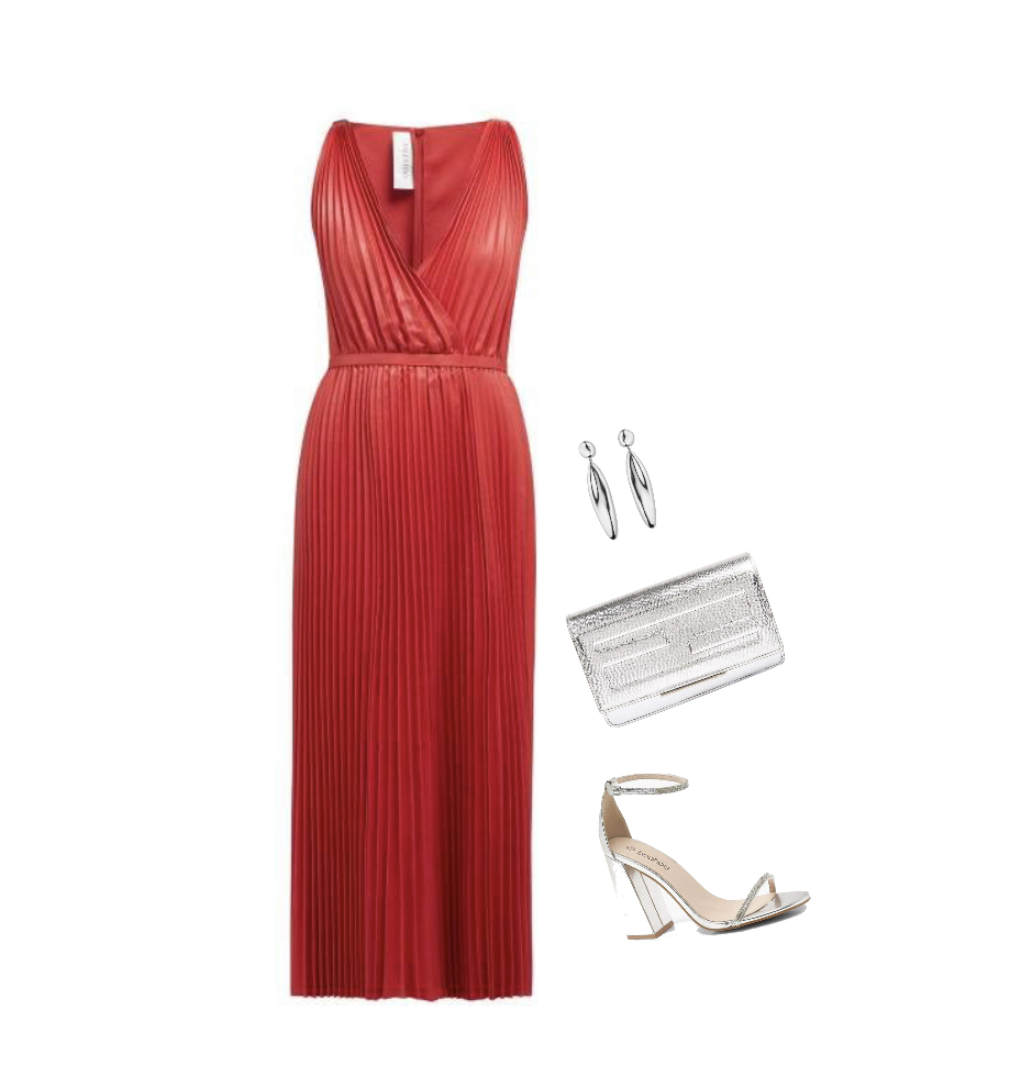 Red wrapped midi dress gold bock sandals outfit idea