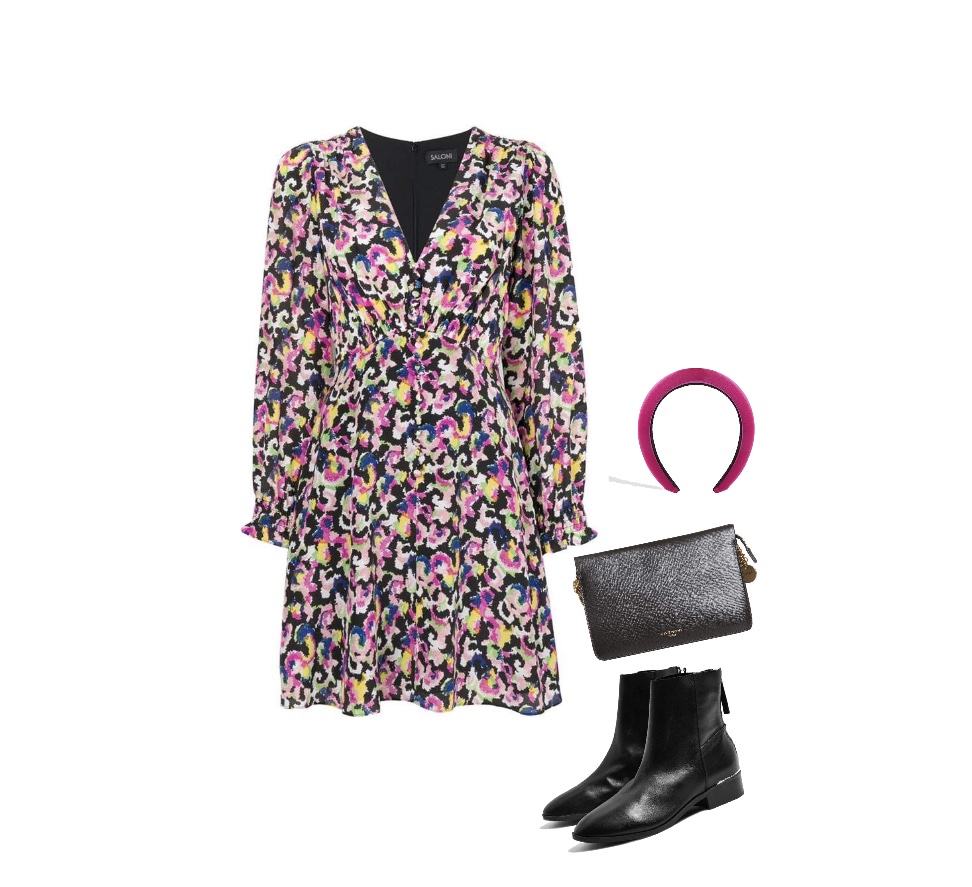Short flower pattern dress black boots spring outfit for senior pictures