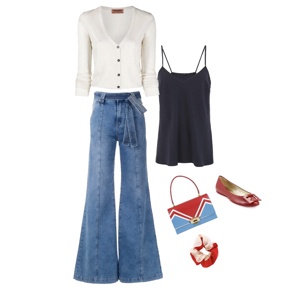 Flared jeans cream-color cardigan black top with spaghetti straps flats spring outfit for senior pictures