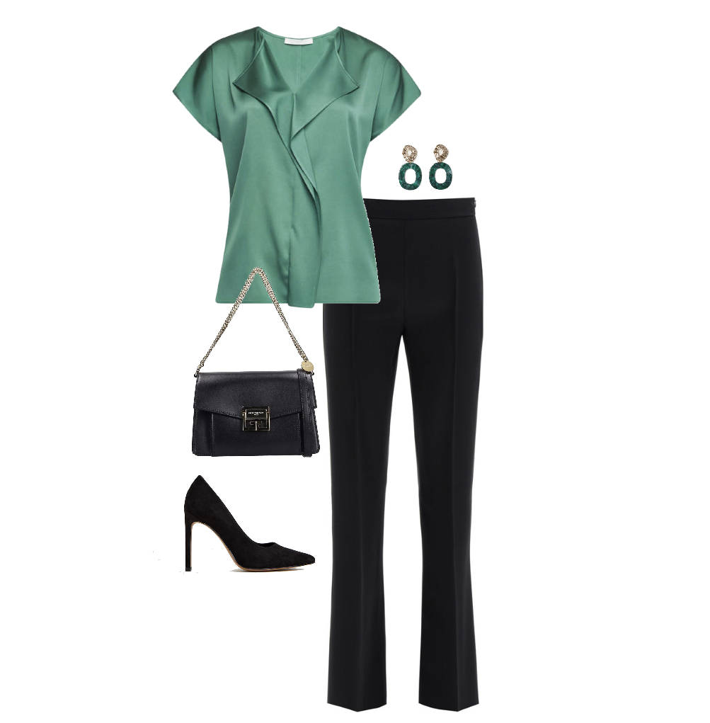 Green blouse black formal pants high heels country club attire idea for women for dinner