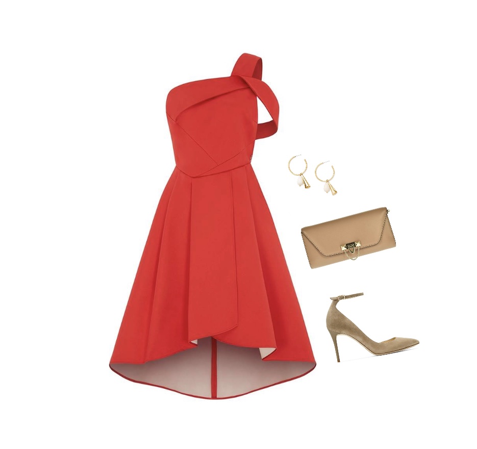 Red tea-length dress with beige heels outfit idea