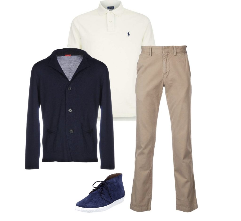 Polo shirt khaki pants cardigan country men country club attire idea for lunch