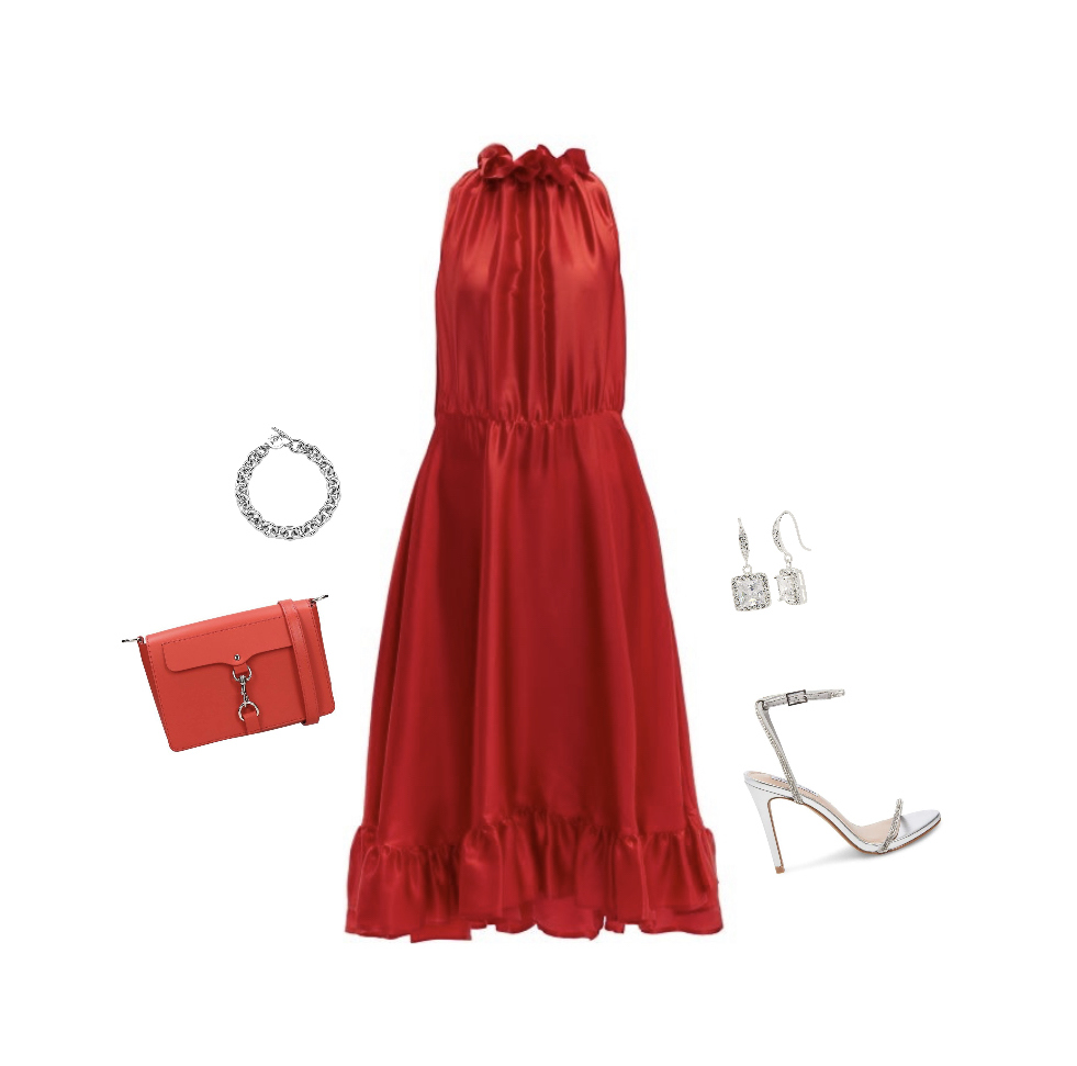 Red dress with silver accessories outfit idea