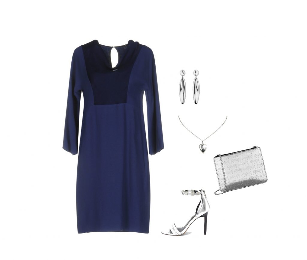Navy-blue long-sleeve dress outfit with accessories