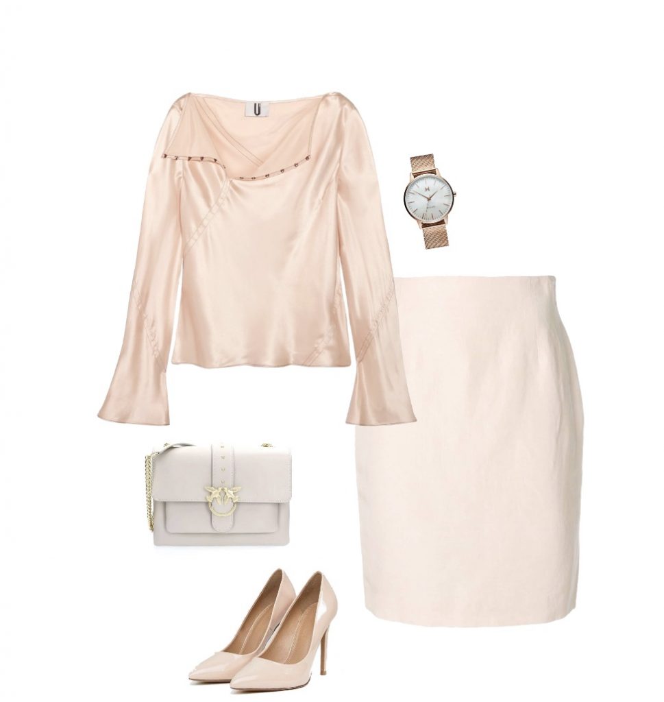 Beige blouse pencil skirt high heels women country club attire idea for lunch