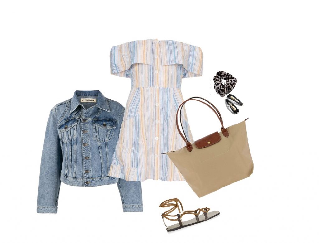 Dress and jean jacket airport outfit idea