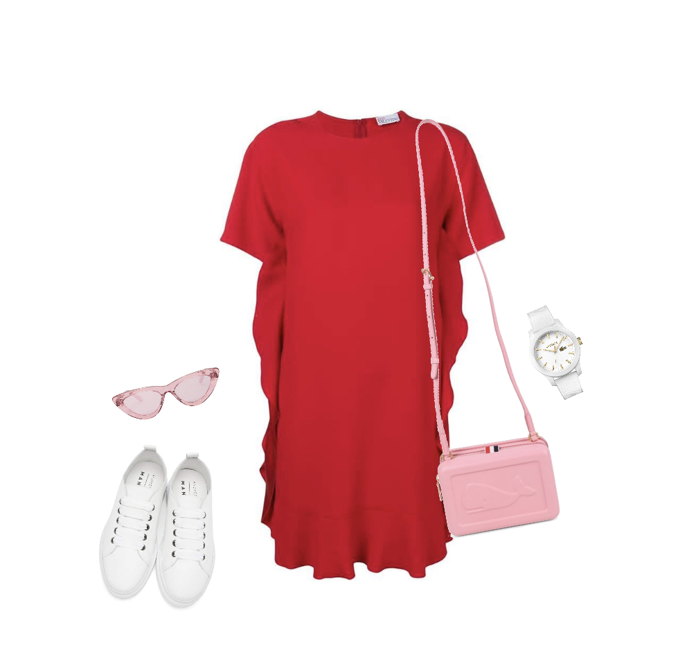 Red dress with pink accessories outfit idea