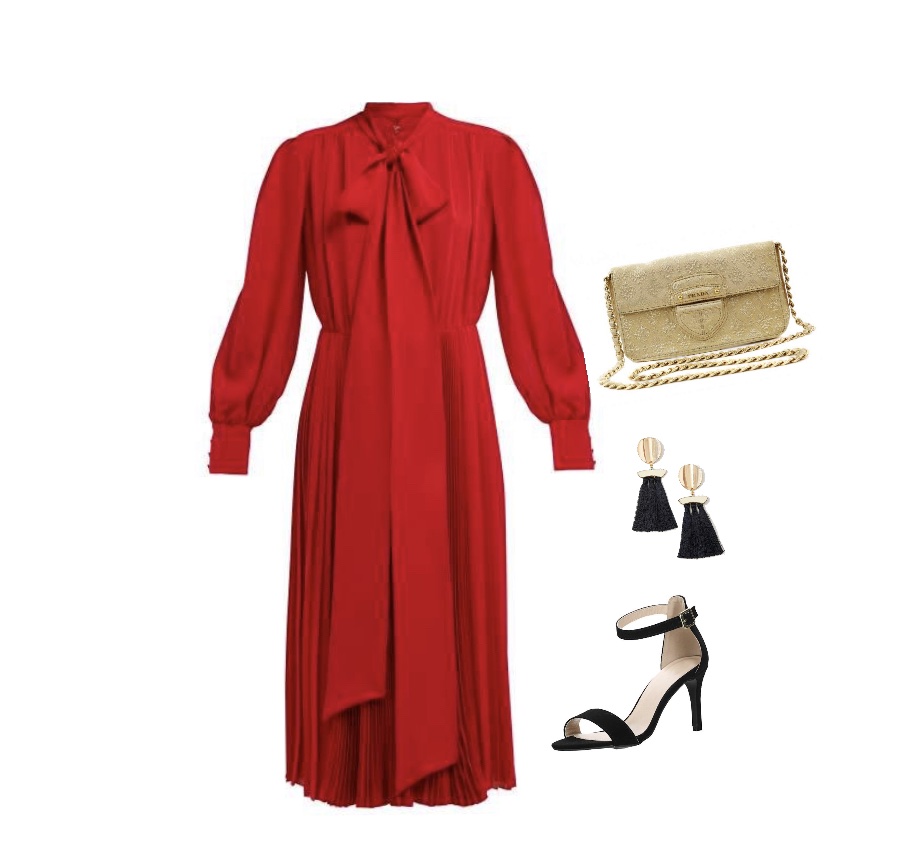 Red dress with gold and black accessories outfit idea