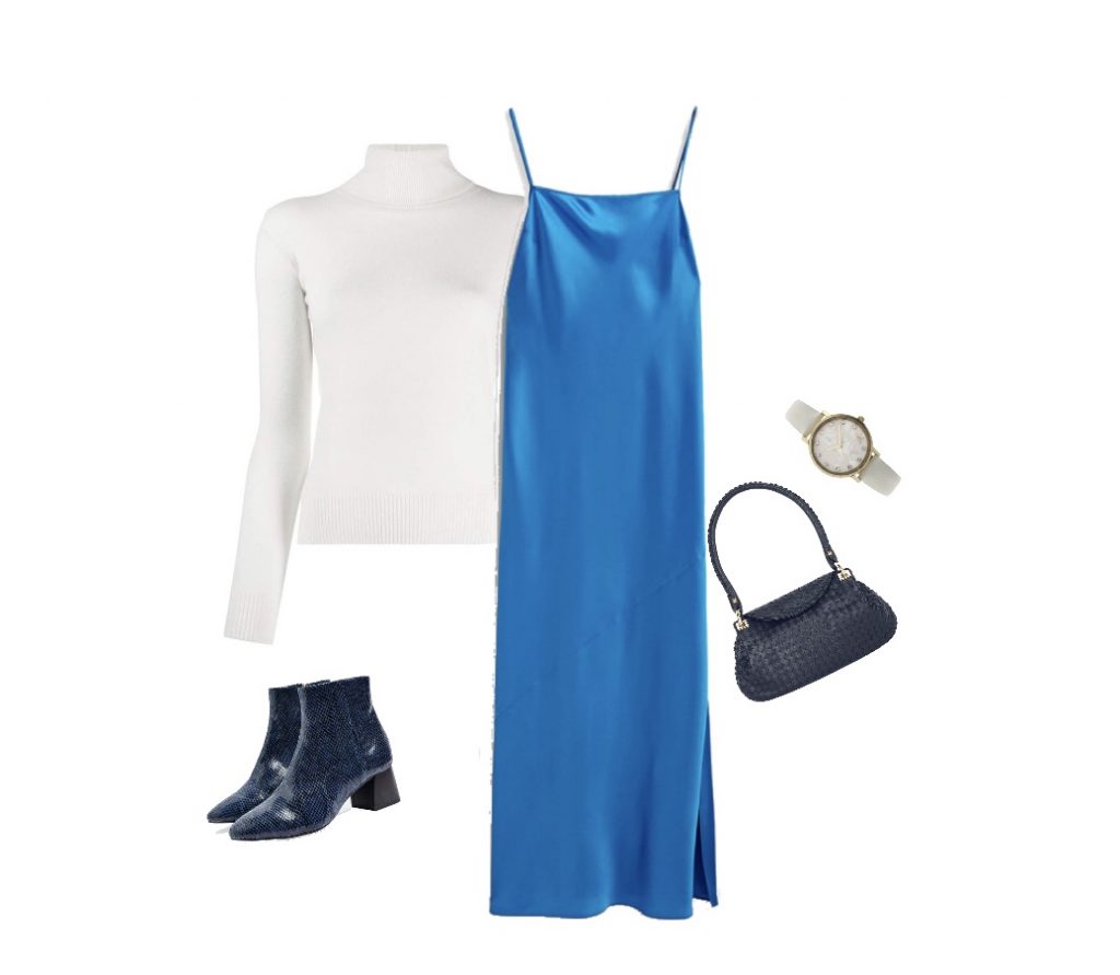 White turtleneck under blue silk dress outfit idea