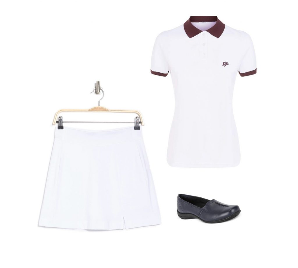 Golf skirt white polo T-shirt women country club attire idea for golf