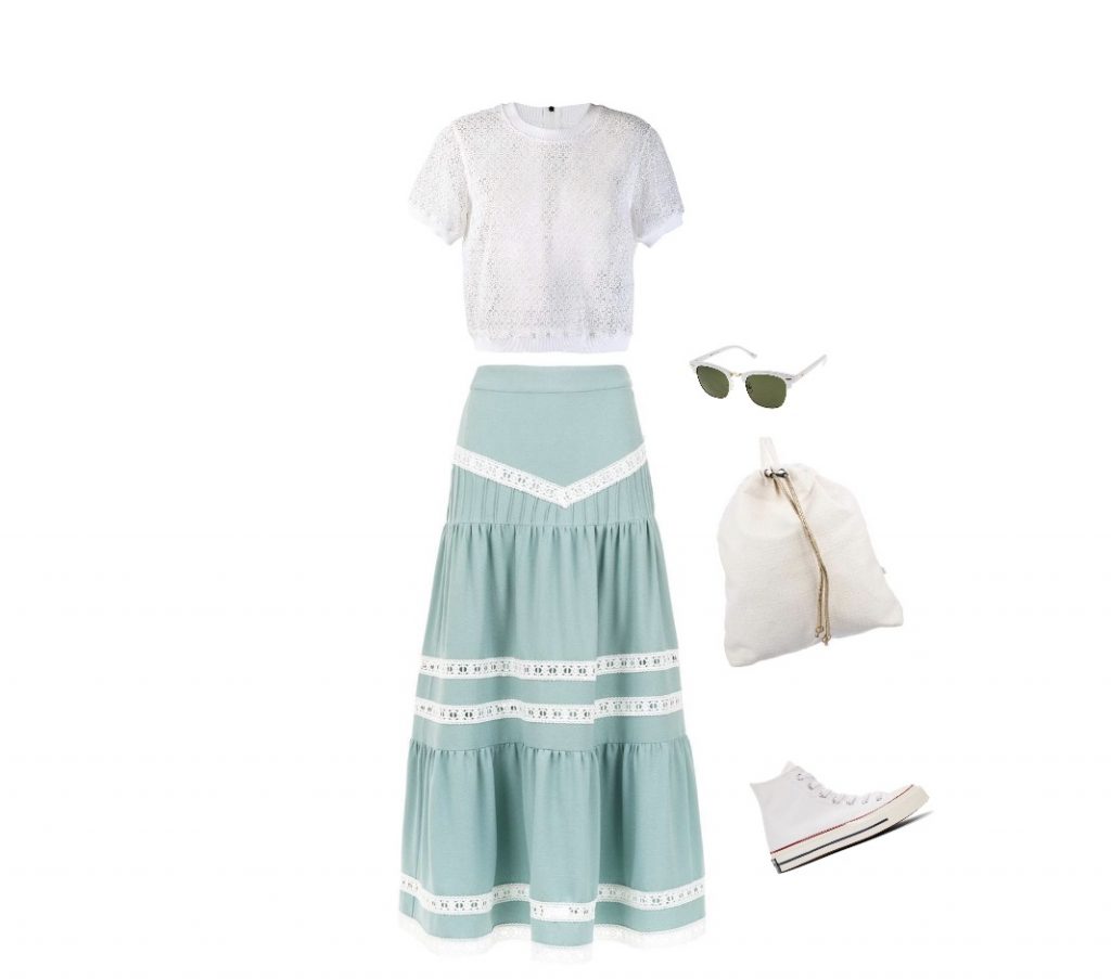 Long skirt and top outfit for summer travel