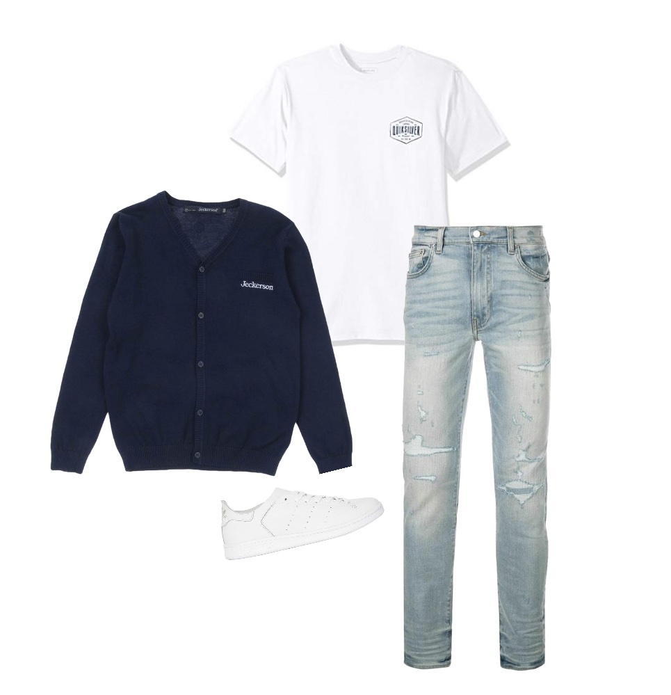 White T-shirt blue pullover skinny distressed jeans for men to wear to senior portraits