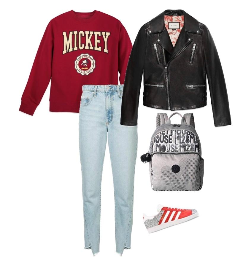 Winter Disney World outfit idea with sweatshirt jeans and leather jacket