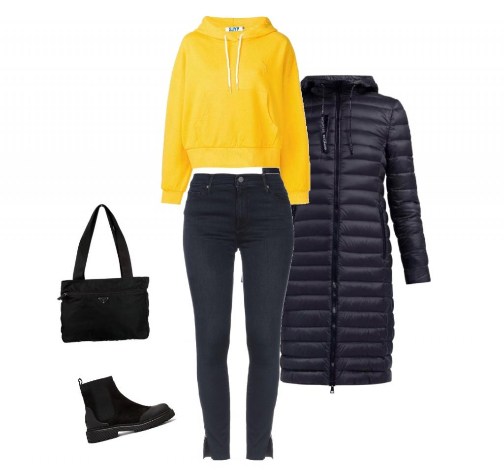 Jeans and sweatshirt outfit for winter travel