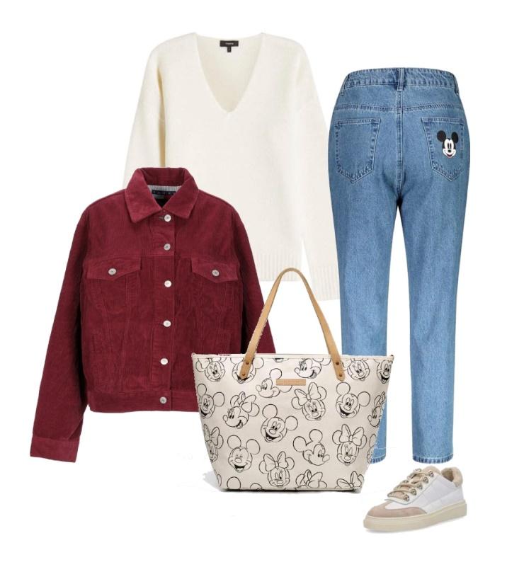Winter Disneyland outfit idea white pullover red denim jacket jeans