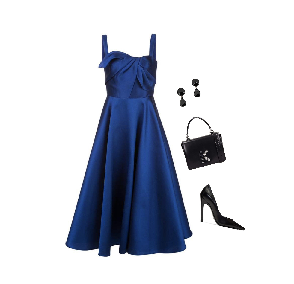 Blue A-line dress black heels women country club attire idea for an event