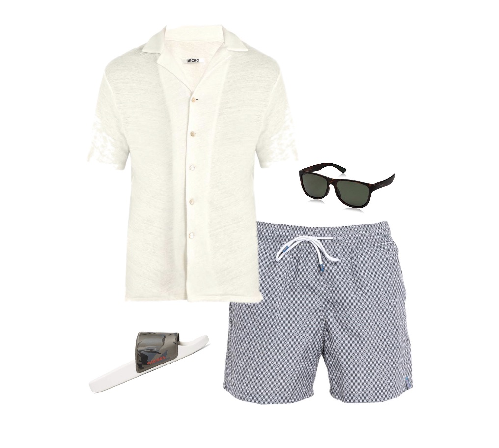 Linen shirt swimshorts men country club attire idea for pool party
