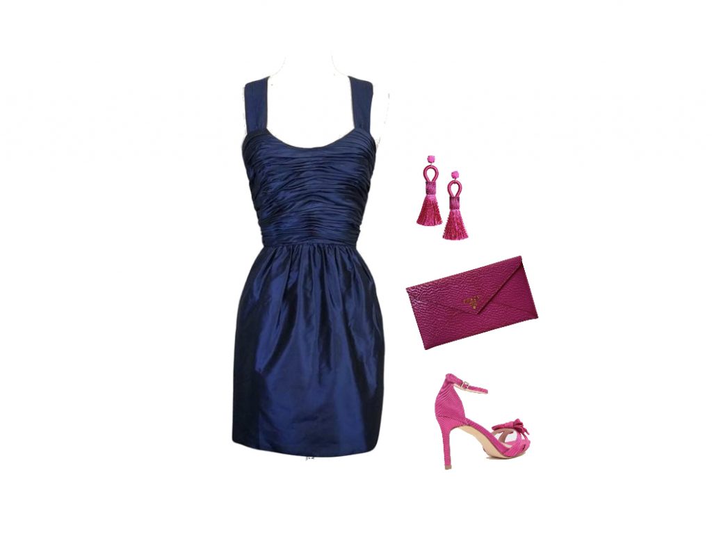 Navy-blue cocktail dress outfit with accessories