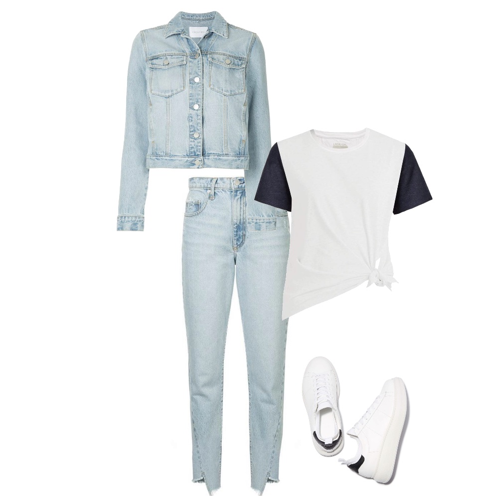 Jean jacket jeans T-shirt sneakers outfit for senior pictures