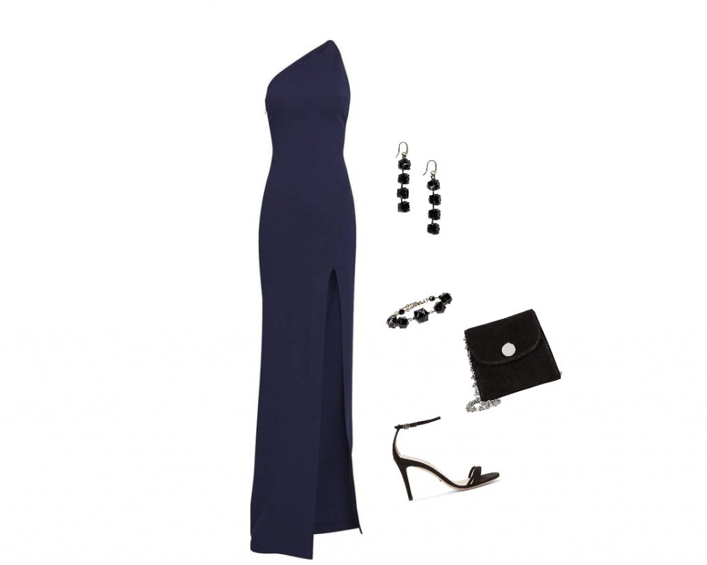 Navy-blue maxi dress outfit with accessories