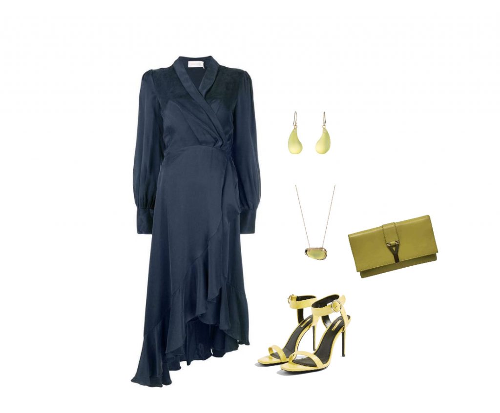 Navy-blue wrap dress outfit with accessories