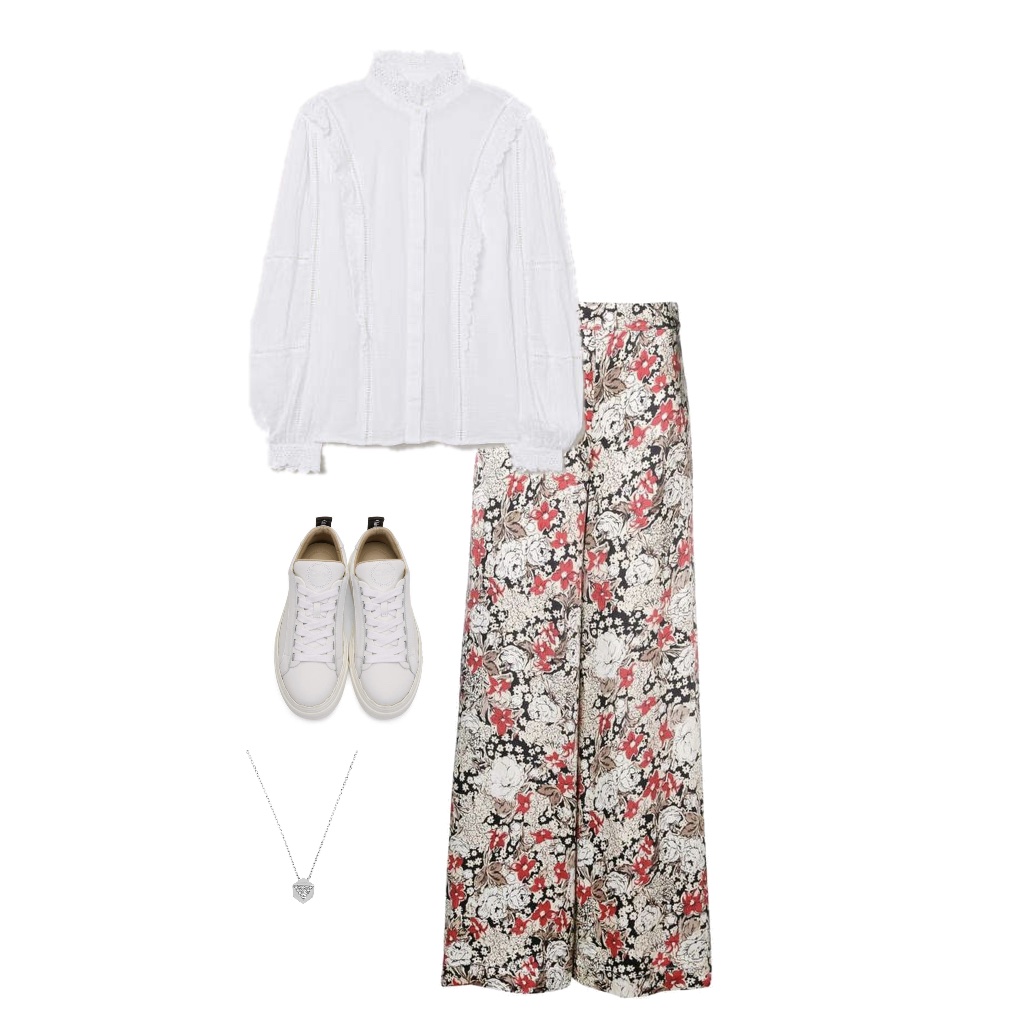 White blouse flower pattern pants sneakers outfits for senior pictures