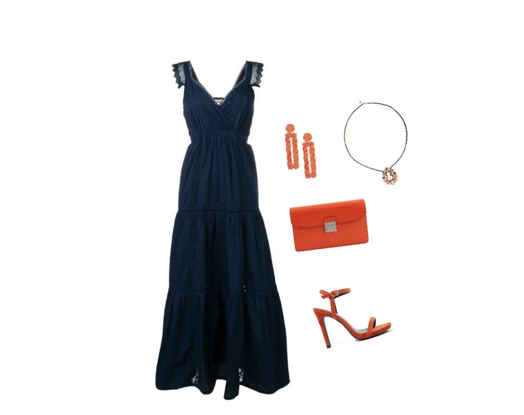 Navy-blue A-line dress outfit with accessories
