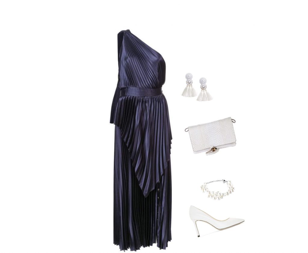 Navy-blue draped gown outfit with accessories