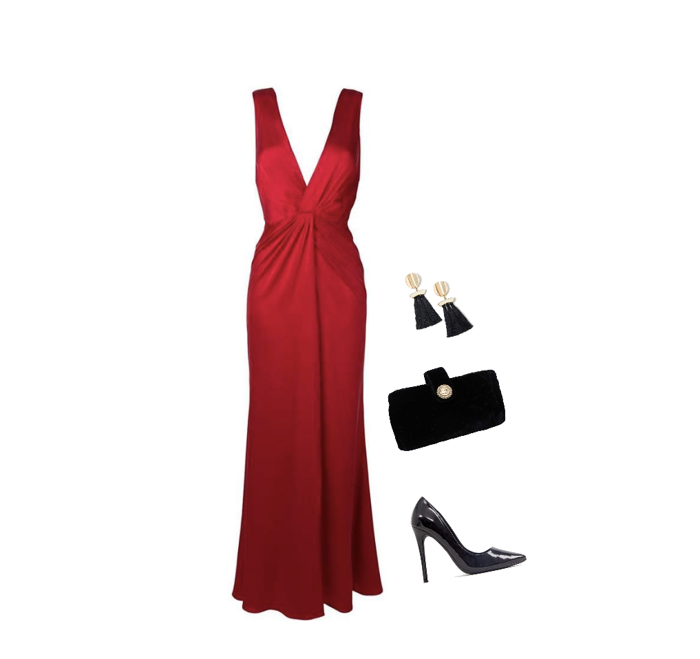 Wine-red wrapped dress black high heels outfit idea